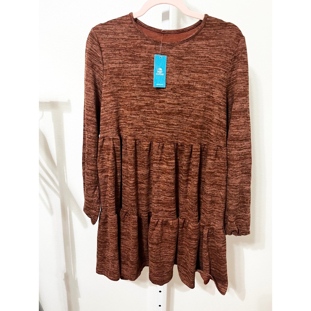 NWT Cupshe Tiered Scoop Neck Sweater Mini Dress Brown Medium Boho - Picture 2 of 9